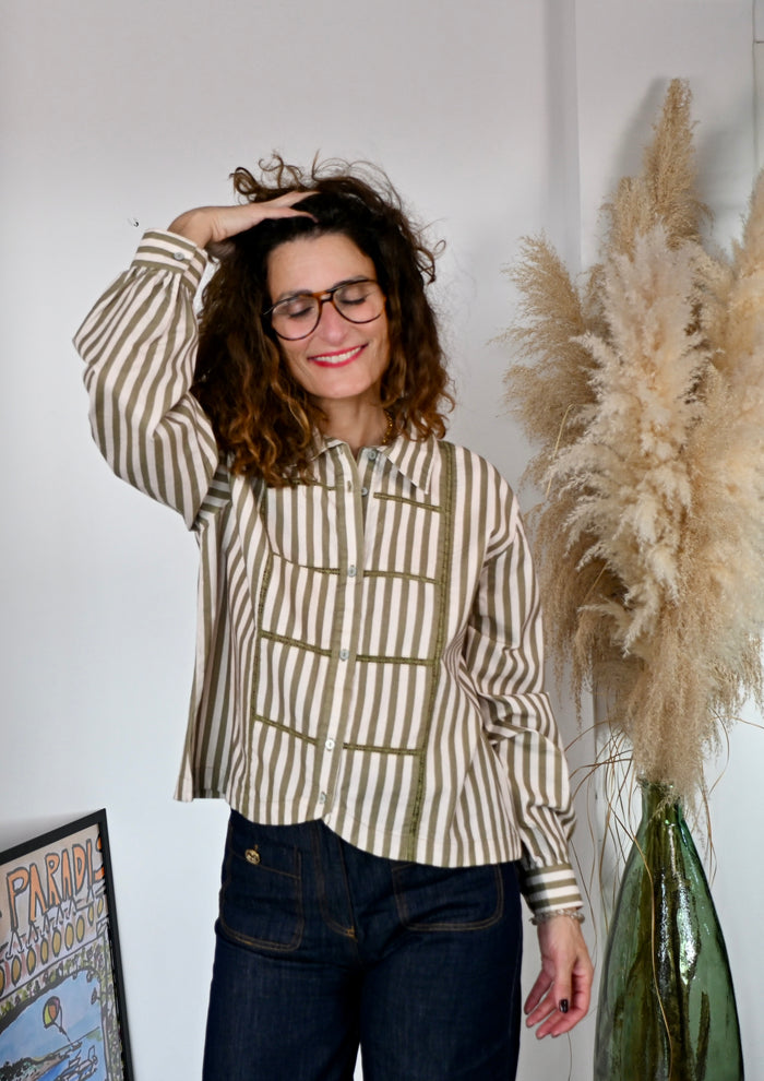 Chemise rayée à galons kaki