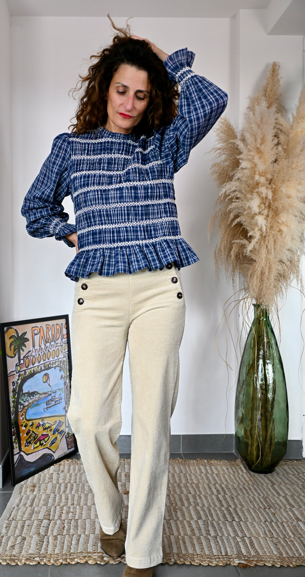 Blouse en coton smockée à manches longues à carreaux bleus