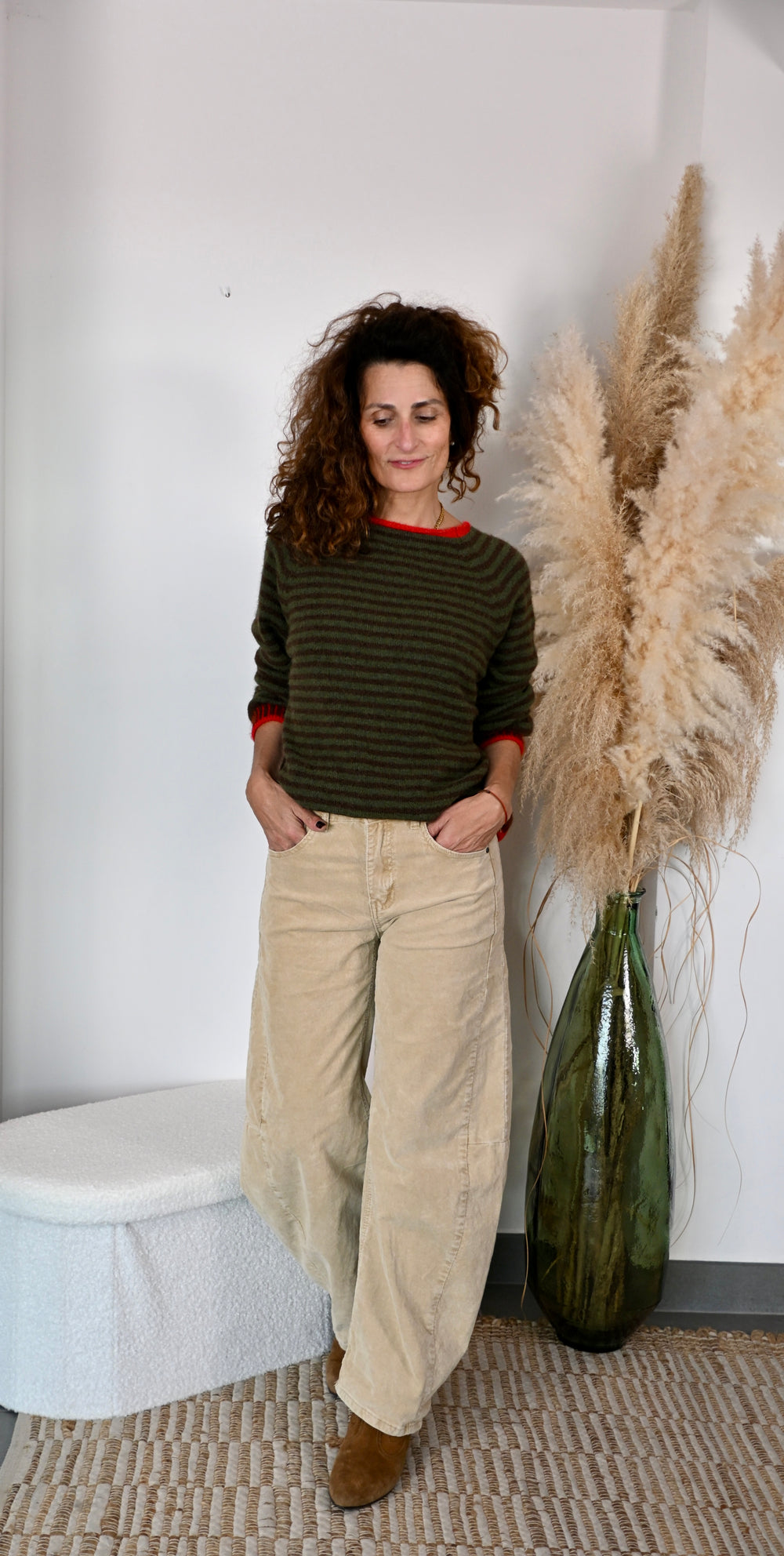 Pantalon barrel en velours crème