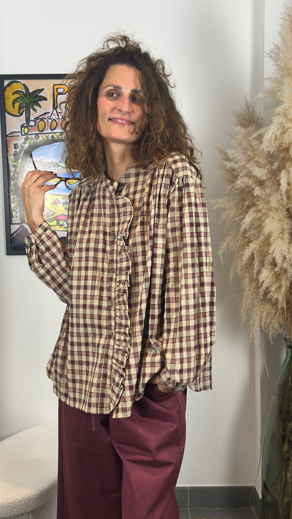 Blouse à carreaux volantée